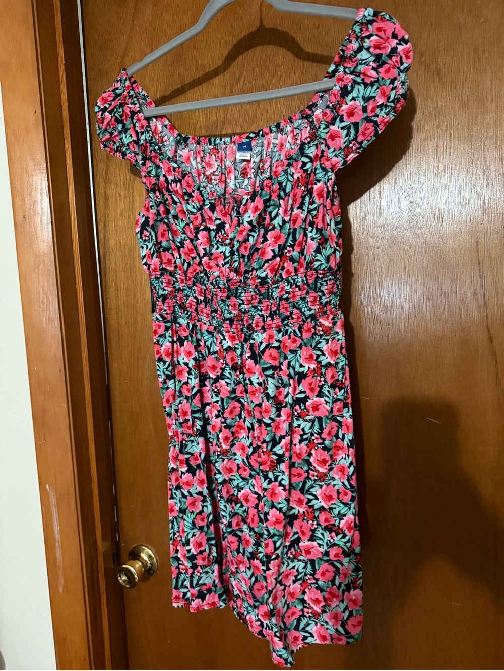 Old Navy Pink Floral Off-Shoulder Dress with Green Leaves